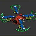 Vibrant Quadcopter Drone With Red Body Blue Propeller Arms Green Protective Rings And Yellow Wheels