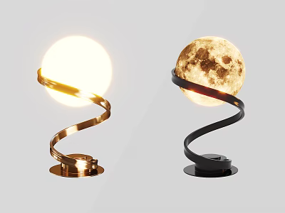 Modern Table Lamp with Gold Black Spiral Base White Globe and Moon Surface Design 3d model