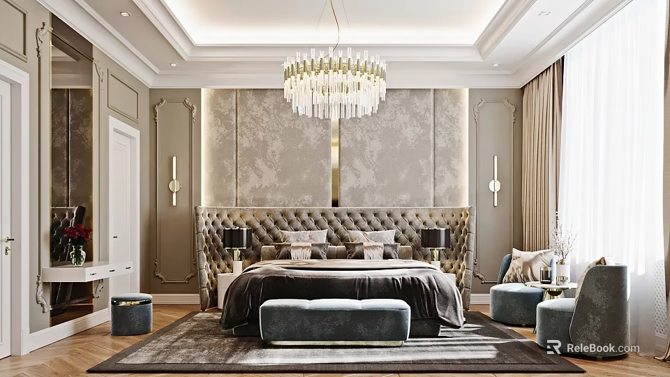 Elegant Modern Bedroom Interior With Upholstered Headboard Crystal Chandelier Rug Ottoman Nightstands And Table Lamps 3d model 