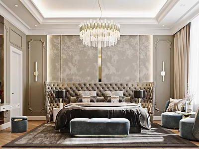 Elegant Modern Bedroom Interior With Upholstered Headboard Crystal Chandelier Rug Ottoman Nightstands And Table Lamps 3d model