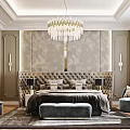 Elegant Modern Bedroom Interior With Upholstered Headboard Crystal Chandelier Rug Ottoman Nightstands And Table Lamps