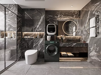 Modern Bathroom With Dark Marble Walls Smart Toilet And Laundry Appliances 3d model