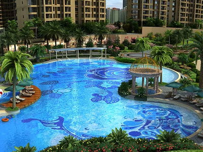 Tropical Garden Landscape Design With Decorative Swimming Pool Palm Trees Pavilion Flowers And Lounge Chairs 3d model