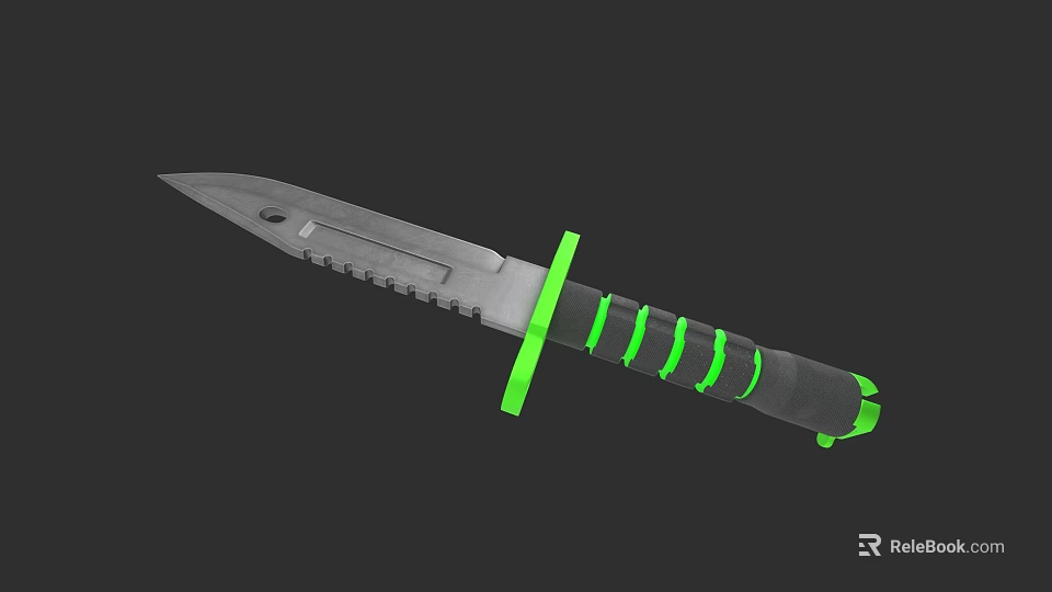Tactical Weapon With Green Handle Metal Blade And Serrated Edge Design 3d model 