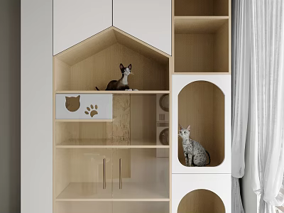 Wooden And White Pet Furniture With House Shaped Compartments Paw Print For Dog And Cat 3d model