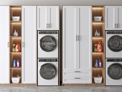 Modern Bathroom Cabinet Rack with Washer Dryer Storage LED Lights and Cleaning Supplies Baskets 3d model