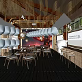 Modern Exhibition Hall Interior With Wooden Tables Chairs Decorative Paintings Hanging Lamps And Green Plants