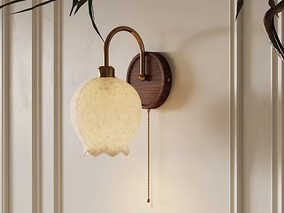 Elegant Wall Lamp with Brass Bracket Wooden Base Cream Lampshade on Light Wall 3d model