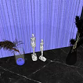 Purple Background Vase Display With Feather Plants And Transparent Ornaments On Marble Countertop