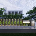 Modern Entrance Gate of Contemporary Building With Decorative Walls Purple Flowers and Greenery