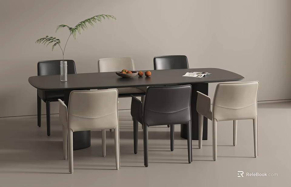 Modern Minimalist Dark Dining Table With Six Upholstered Chairs For Elegant Neutral Home Interior 3d model 