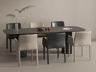 Modern Minimalist Dark Dining Table With Six Upholstered Chairs For Elegant Neutral Home Interior 3d model