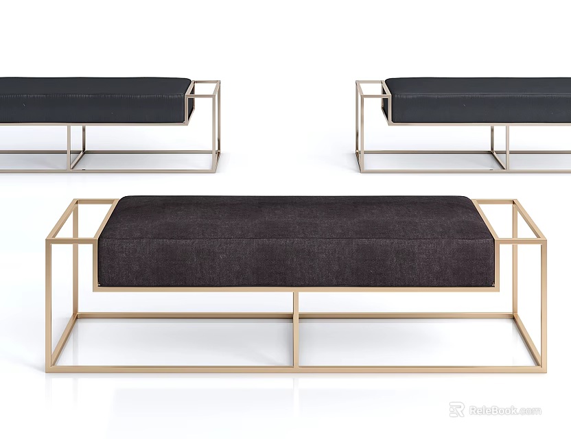 Modern Stool With Golden Metal Frame And Dark Fabric Cushion For Contemporary Home 3d model 