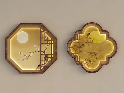Chinese Style Wall Hangings Octagonal Petal With Moon Plum Blossom Bamboo Wooden Frame Golden Illuminated 3d model