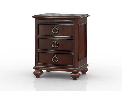 Classic Dark Brown Wooden Nightstand With Three Drawers And Metal Handles On Carved Legs 3d model