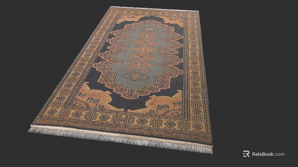 Traditional Oriental Rug With Intricate Blue Brown Pattern And Fringe Edges 3d model 