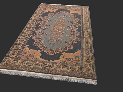 Traditional Oriental Rug With Intricate Blue Brown Pattern And Fringe Edges 3d model