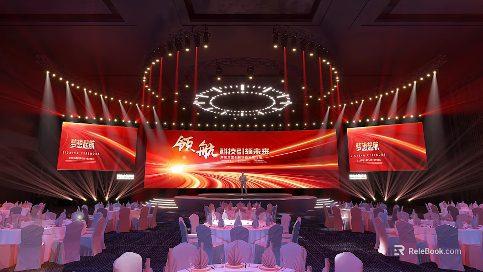Leading International Technology Summit Hall With Stage Big Screens Lighting And Tables 3d model 