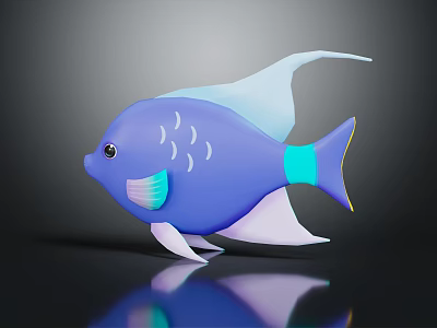 Blue Tropical Fish with White Fins and Colorful Tail on Dark Background with Reflection 3d model