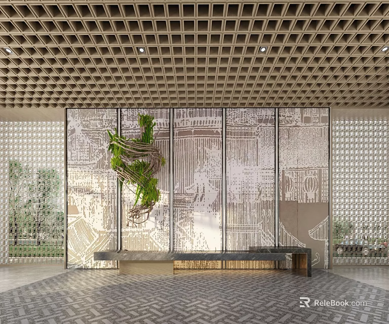 Modern Decorative Screen With Artistic Patterns And Wooden Bench Under Grid Ceiling 3d model