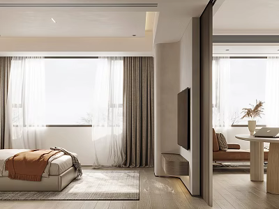 Modern Bedroom Interior Design With Wooden Floor Bed Rug And Gray White Curtains 3d model