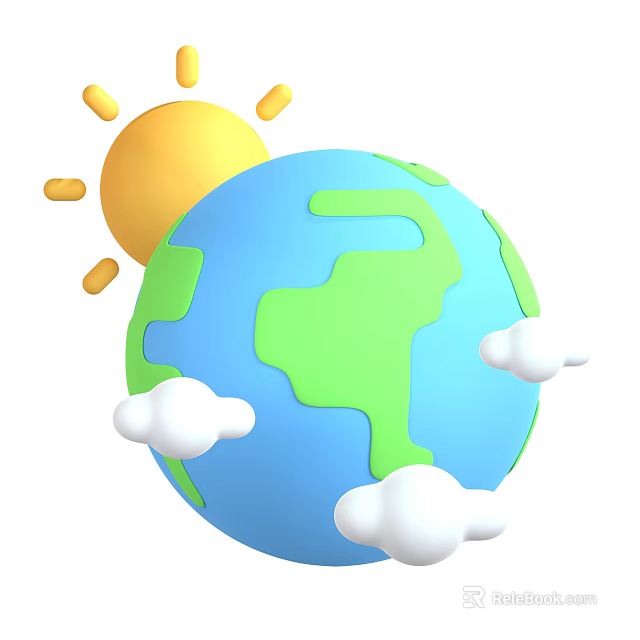 Scenic Natural Landscape with Blue Earth Sun Green Land and White Clouds 3d model 