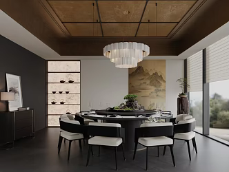 New Chinese Restaurant Box Dining Table and Chair Combination Chandelier Tableware Bucket Cabinet 3d model