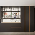 Modern Bar Area With Dark Cabinetry Glass Wine Cabinet And Display Shelves