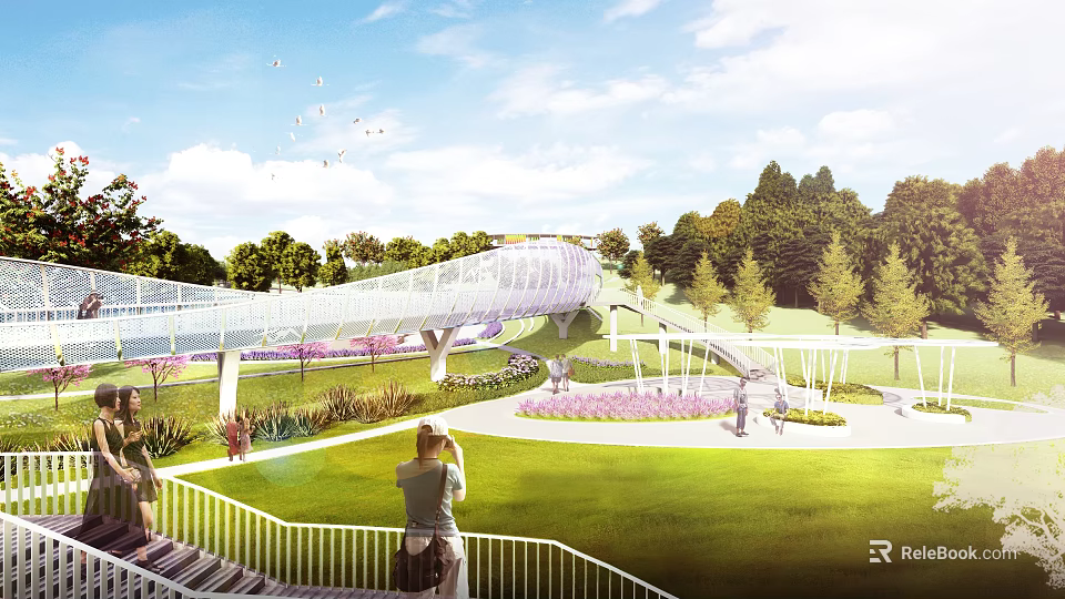 Scenic Landscape Bridge In Lush Green Park With Lawn Trees And Sky 3d model 