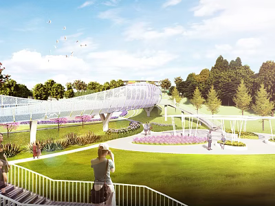 Scenic Landscape Bridge In Lush Green Park With Lawn Trees And Sky 3d model