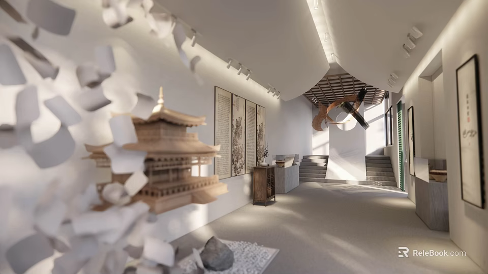 Book Art Exhibition Space With Architectural Model And Scroll Paintings 3d model 