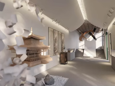Book Art Exhibition Space With Architectural Model And Scroll Paintings 3d model