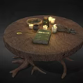 Ornamental Decor Set With Candles Vintage Book Jar And Pouch On Wooden Table