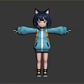 Short Hair Cat Ear Game Anime Character With Blue Hoodie Backpack Arms Outstretched