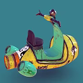 Vibrant Yellow Green Graffiti Flying Vehicle With Large Propeller And Rider Figure