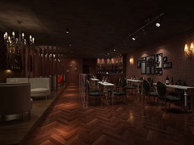 Rustic Industrial Restaurant Interior With Brick Walls Chandeliers And Wooden Flooring 3d model