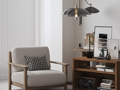Light Accent Chair With Wooden Armrests In Modern Interior Side Table Blinds Pendant Lights 3d model