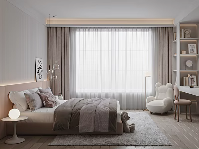 Cozy Kids Room Interior With Bed Pillows Blanket Stuffed Toy Window Curtains Desk And Chair 3d model