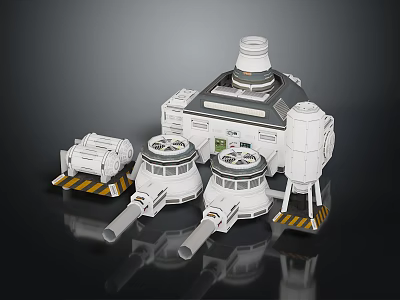 Industrial Sci-Fi Mechanical Components With Dome Topped Units Circular Elements And Warning Striped Bases 3d model