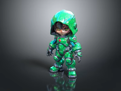 Chibi Style Green Armored Game Character With Helmet And Yellow Eyes 3d model