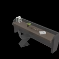 Wooden Desk Setup With Black Chair Green Fruits White Vase And Curtains By Window