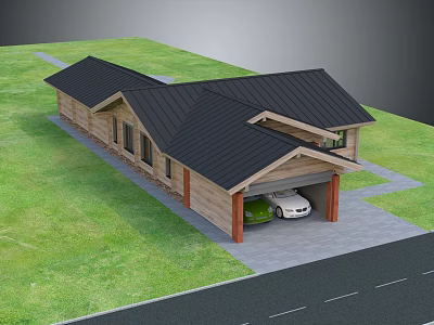 Detached House With Black Gabled Roof Wooden Exterior And Garage On Green Lawn 3d model