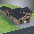 Detached House With Black Gabled Roof Wooden Exterior And Garage On Green Lawn
