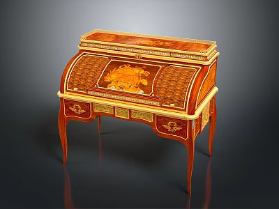 Antique Roll Top Writing Desk with Ornate Gold Red Inlay Carvings Classic Wooden Decorative Details 3d model