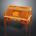 Antique Roll Top Writing Desk with Ornate Gold Red Inlay Carvings Classic Wooden Decorative Details