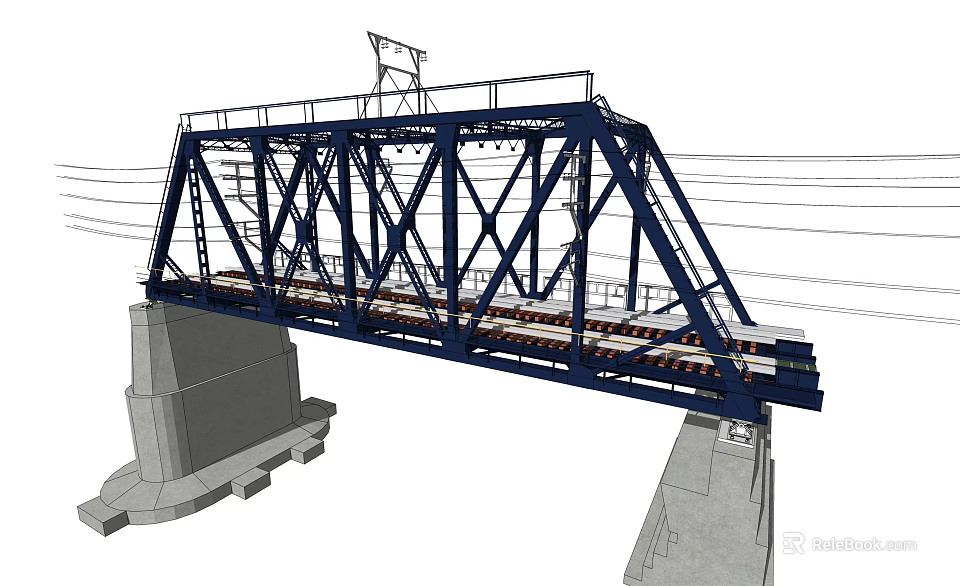 Steel Truss Railway Bridge Structure With Railway Tracks And Concrete Piers 3d model 