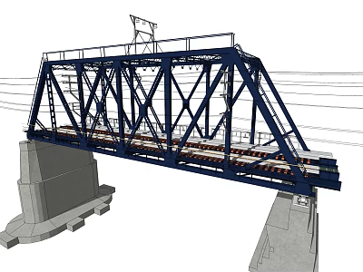 Steel Truss Railway Bridge Structure With Railway Tracks And Concrete Piers 3d model