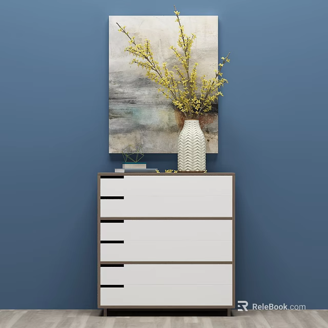 Modern Console Side Cabinet With Decorative Painting And Yellow Flower Vase On Blue Wall 3d model 