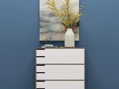 Modern Console Side Cabinet With Decorative Painting And Yellow Flower Vase On Blue Wall 3d model