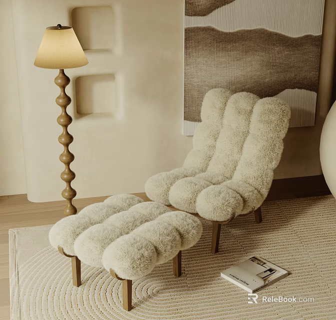 Plush Sheepskin Single Sofa With Matching Ottoman And Wooden Floor Lamp On Soft Rug 3d model 